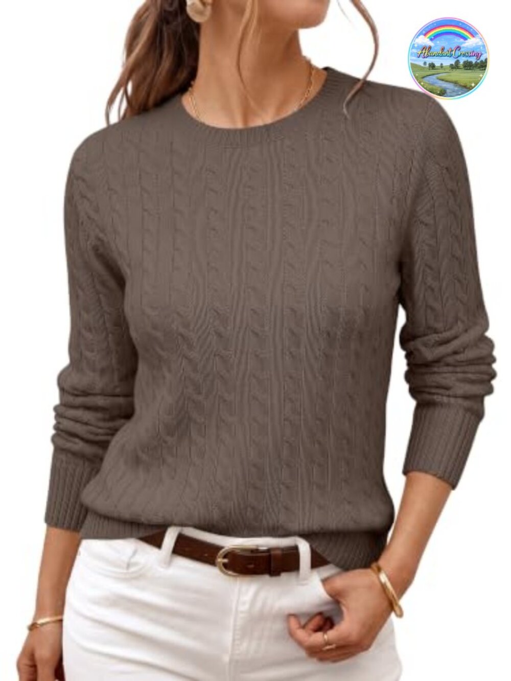 Lightweight Cable Knit Pullover Sweater Crewneck Long Sleeve